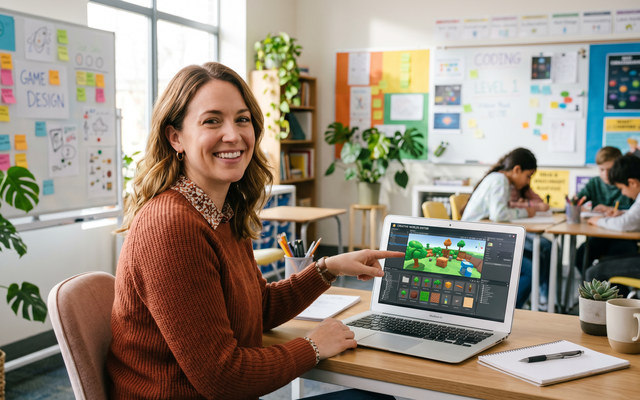 Teacher building their first game in the Level Lab