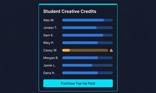 Creative Credits dashboard showing per-student budgets